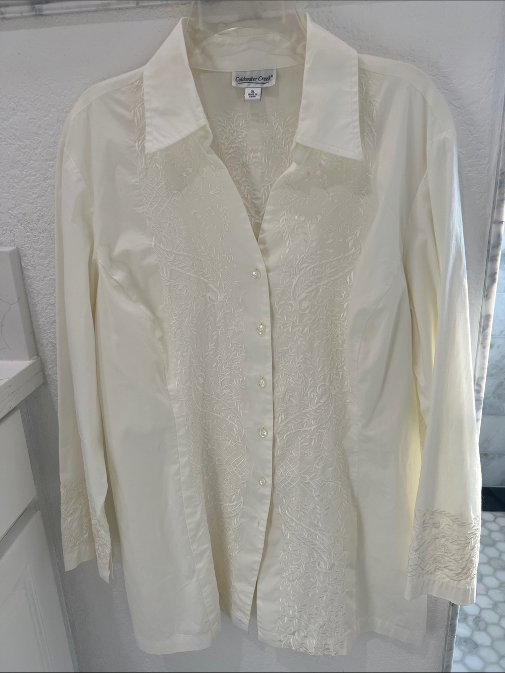 Coldwater Creek Cream Embroidered Button-Up Shirt